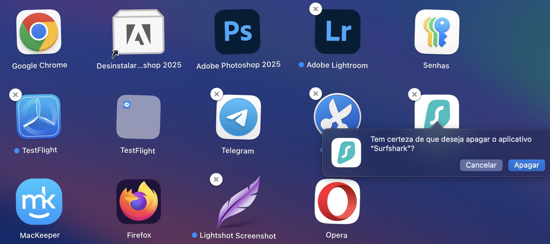 Uma janela pop-up na janela aberta do Launchpad para desinstalar aplicativos.