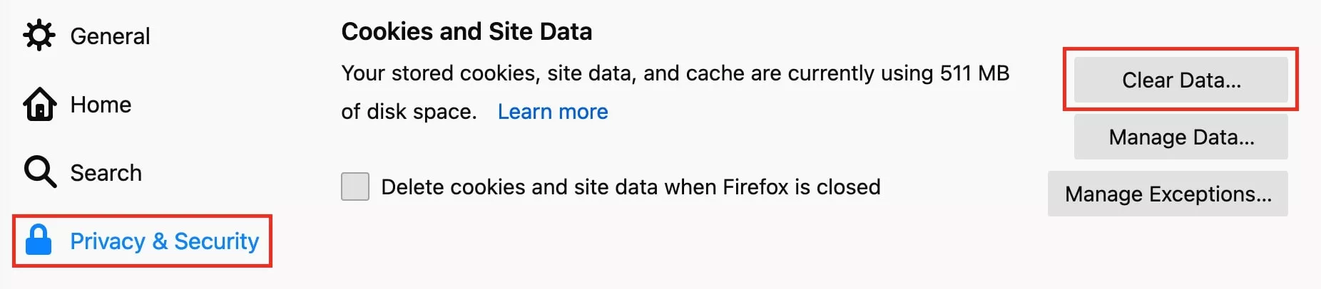 firefox privacy & security tab