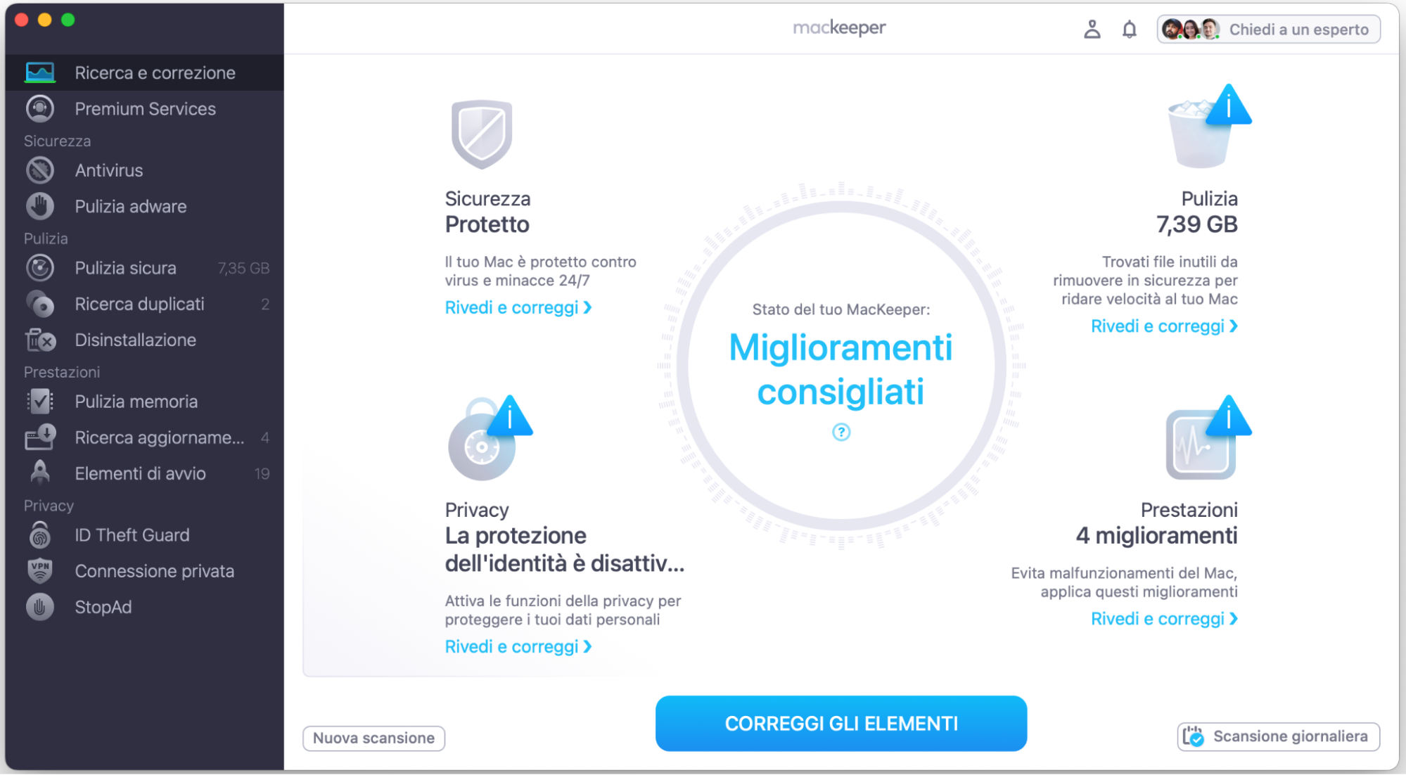 Per risolvere i problemi, clicca su Correggi in sicurezza. Se vuoi controllare ogni miglioramento consigliato, clicca su Esamina e correggi sotto la descrizione.