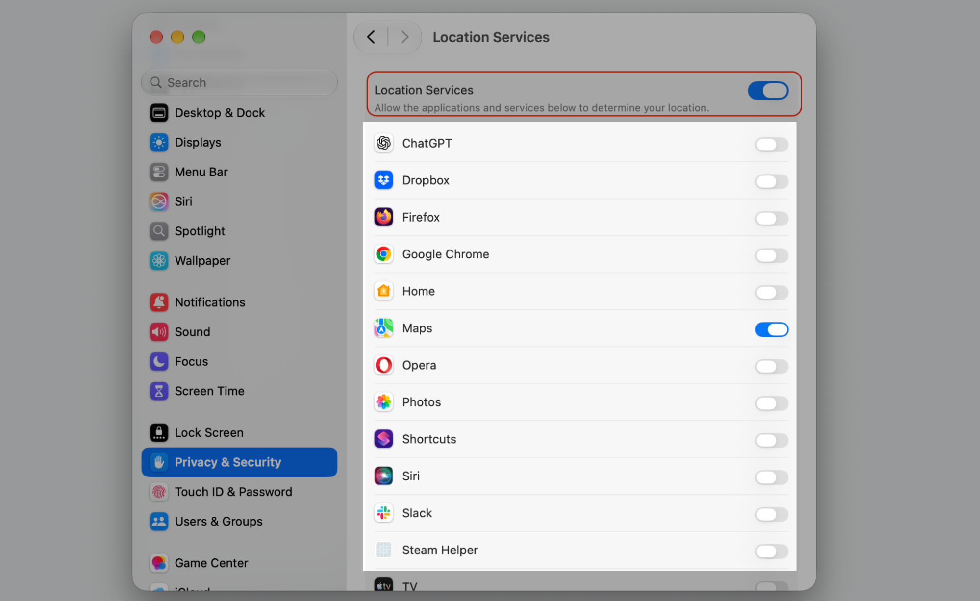 Location Services pane in macOS System Settings with the main toggle on and per-app switches for Maps, Chrome, and other Apple device apps.