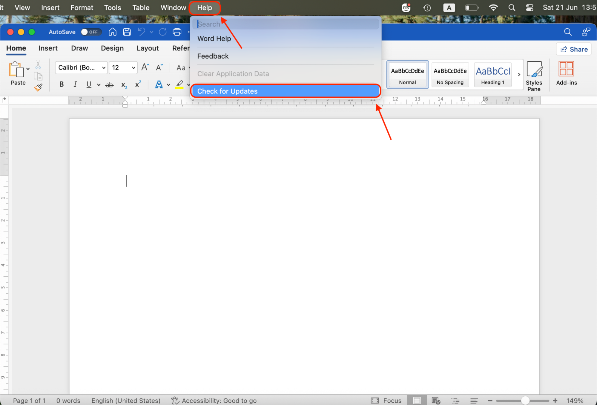 In the top menu of Microsoft Word, click Help and select Check for Updates to open the Microsoft AutoUpdate tool and search for available updates.