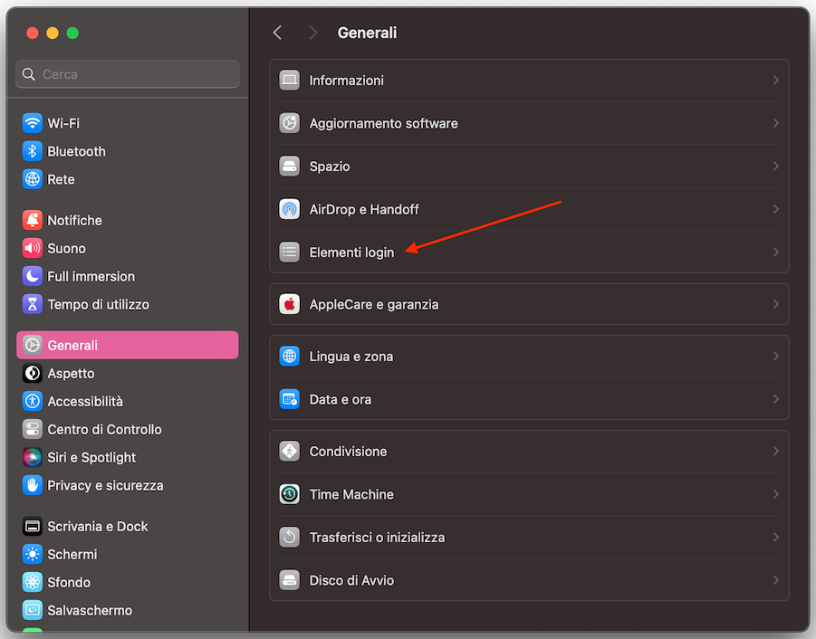 Il menu Generali nelle Impostazioni di sistema su Mac, dove troverai l’opzione Elementi login. È qui che puoi gestire e disattivare le app che si aprono all’avvio sul Mac.