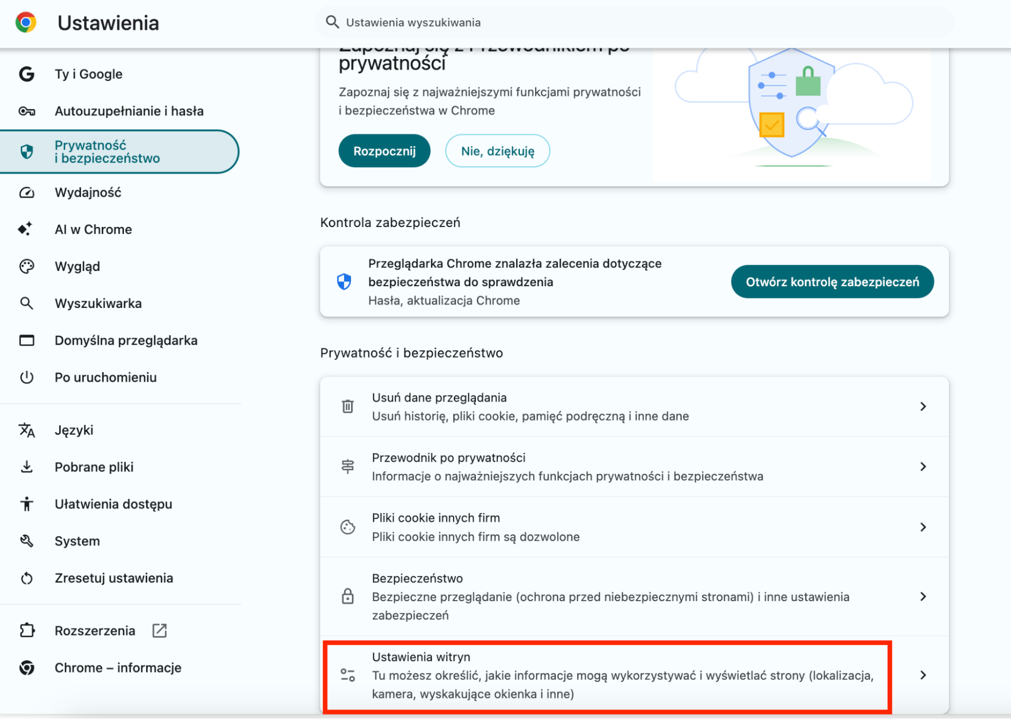 W ustawieniach Chrome kliknij Prywatność i bezpieczeństwo, a następnie przejdź do Ustawień witryn, gdzie możesz zarządzać uprawnieniami stron internetowych.