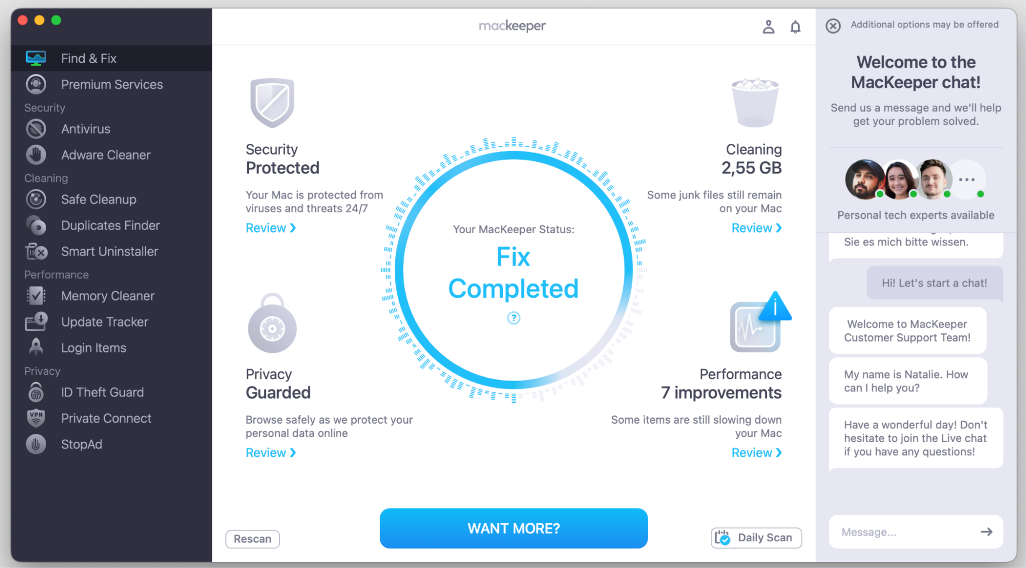 MacKeeper's Find & Fix dashboard on a MacBook showing Fix Completed status across Security, Cleaning, Privacy and Performance for all-in-one Mac care.