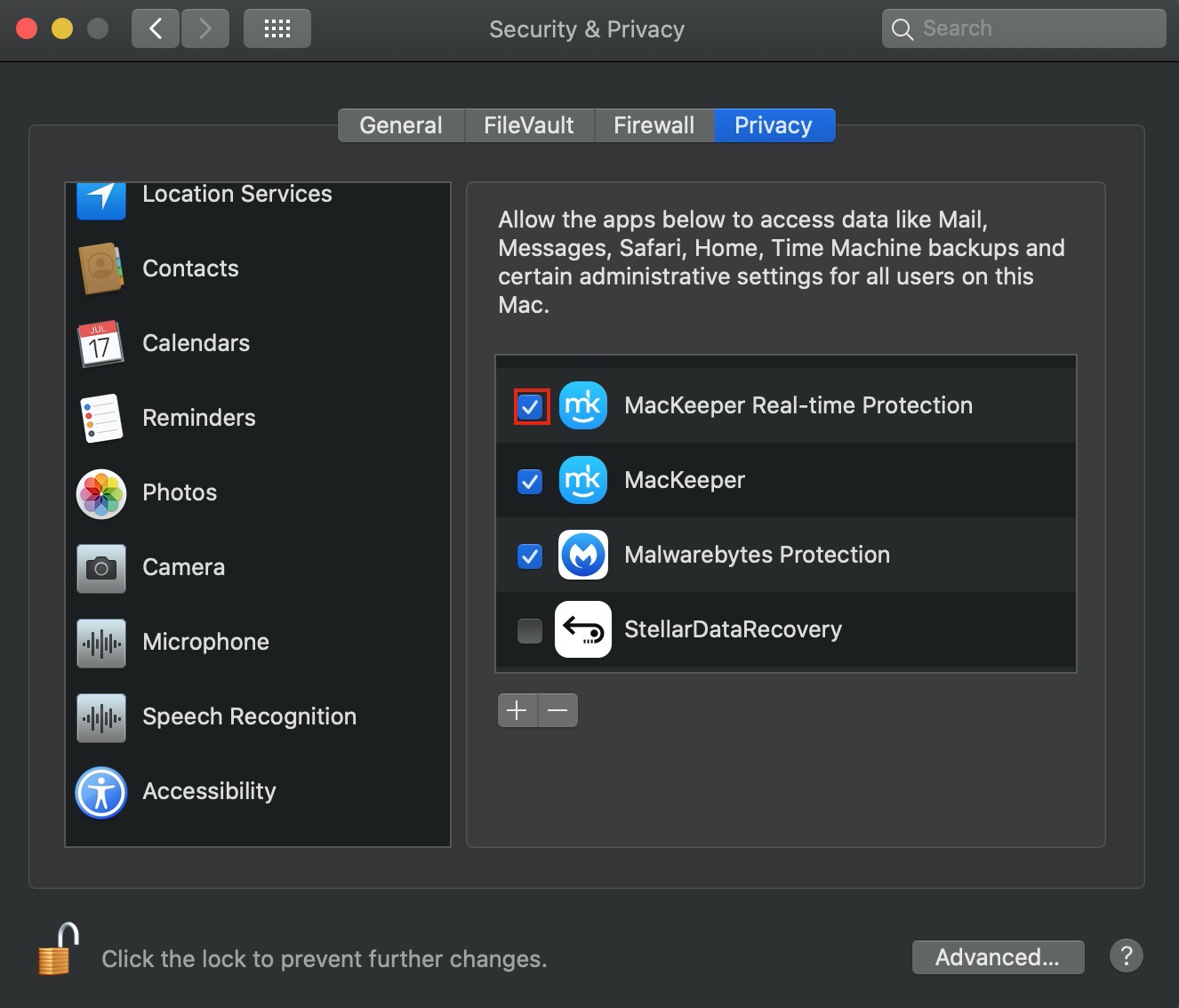 Security & Privacy tab User Interface Security & Privacy tab User Interface