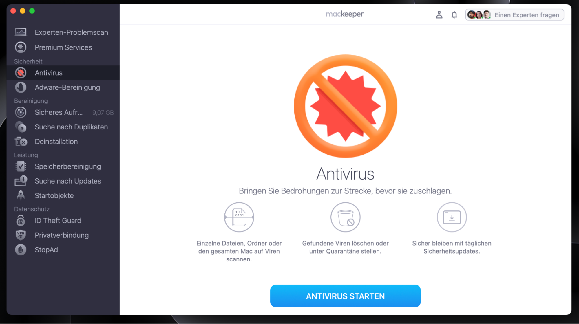 Das Antivirus-Tool in MacKeeper für Mac. Klicken Sie auf Antivirus starten, um jede Spur von Malware von Ihrem Computer zu entfernen.