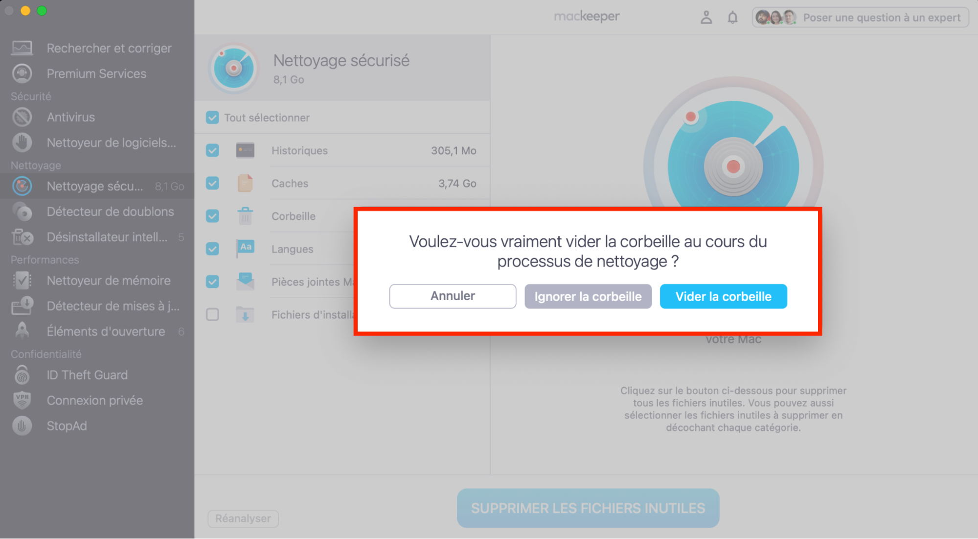Après avoir coché toutes les cases près des éléments dont vous voulez vous débarrasser, sélectionnez Supprimer les fichiers inutiles. Ensuite, cliquez sur Vider la corbeille dans la fenêtre contextuelle