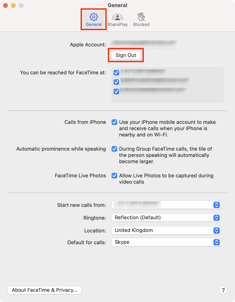 To stop FaceTime on MacBook, select the General tab in the new window, then click the Sign Out button under your Apple Account.