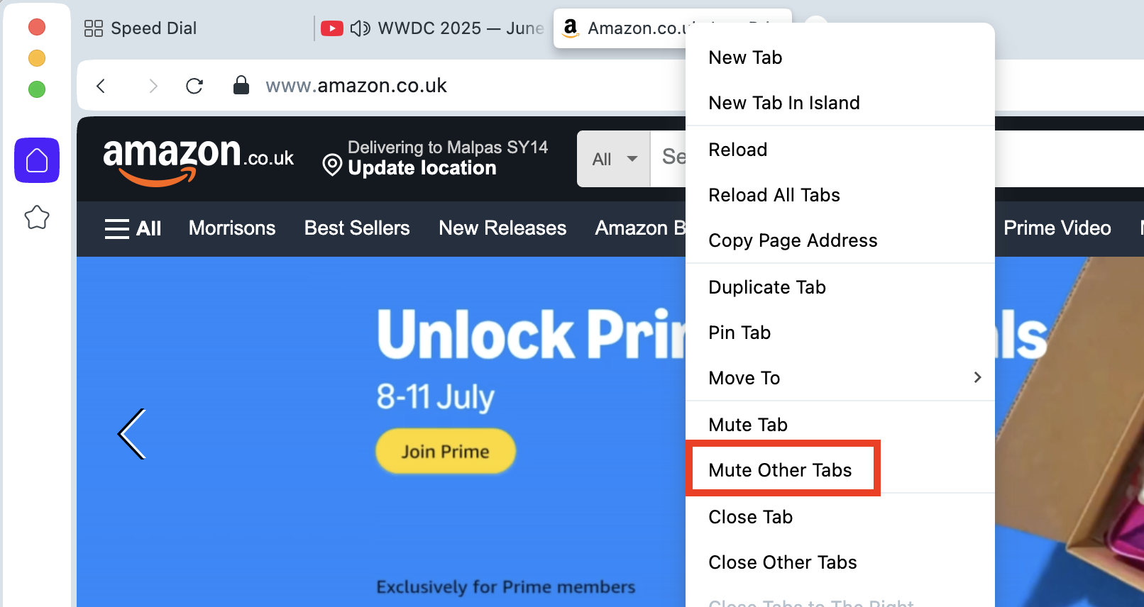 The contextual menu that appears after right-clicking a tab in Opera on Mac. To mute all tabs except the active one, right-click the active tab, then select Mute Other Tabs.