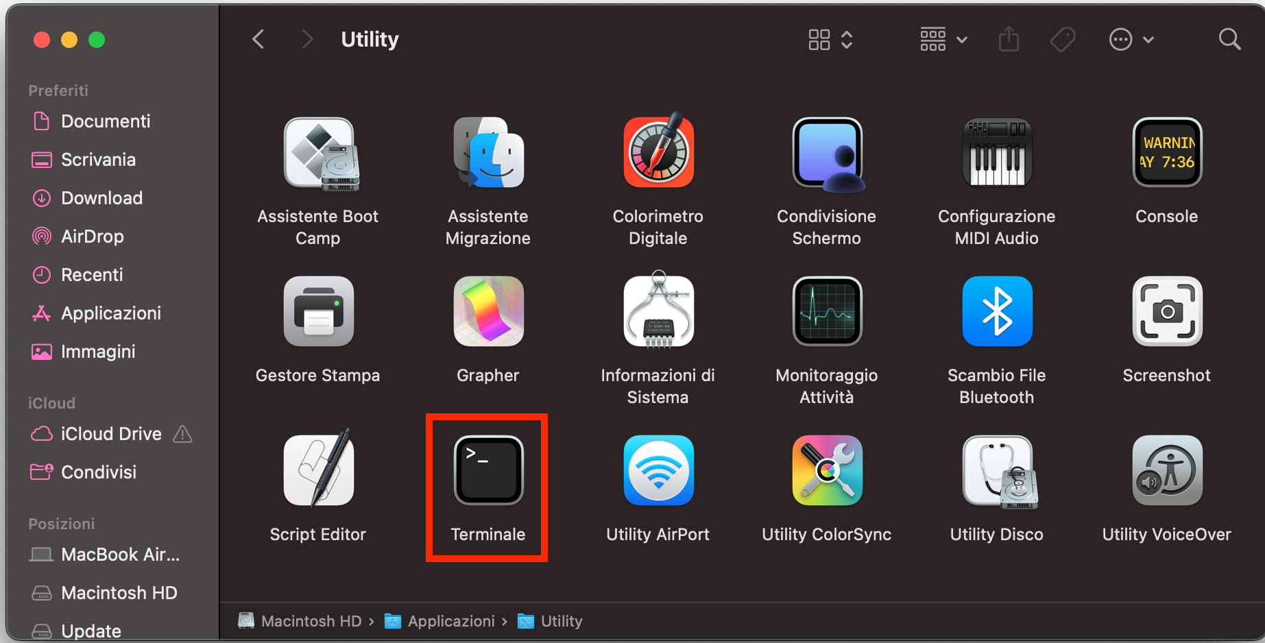 La cartella Utility nel Finder su Mac. Qui troverai Terminale, che puoi usare per riparare i permessi del disco su Mac.