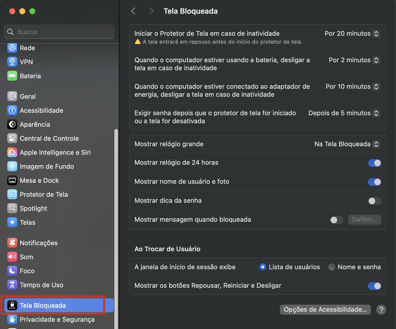 Para personalizar as configurações de repouso do Mac, selecione Tela Bloqueada nos Ajustes do Sistema.