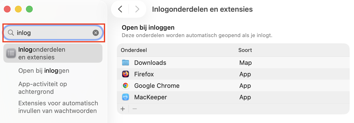 Gebruik in Systeeminstellingen de zoekbalk bovenaan, typ Inlogonderdelen en selecteer het om apps te bekijken en te beheren die automatisch starten.