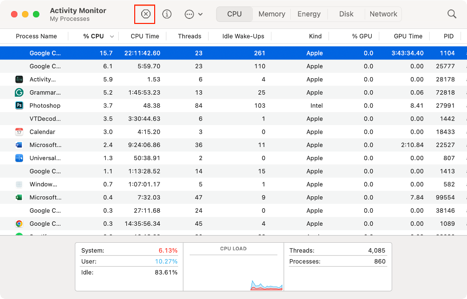 To quit unnecessary apps on Mac, select them on Activity Monitory and click the X icon.