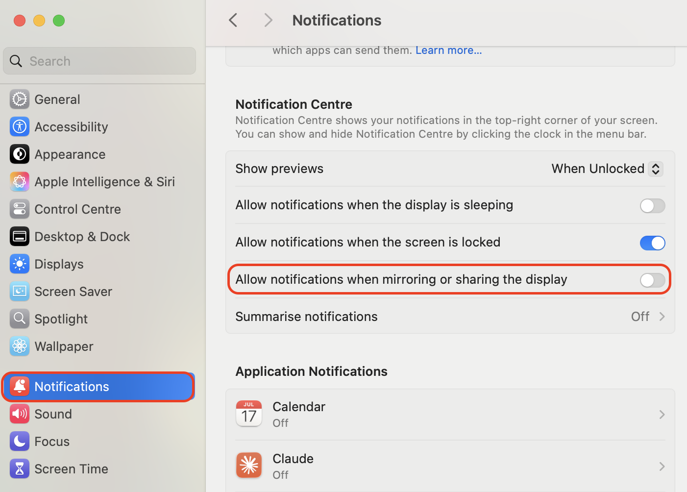 Open System Settings, click Notifications, then set the mirroring or sharing option to Allow Notifications before your next call.