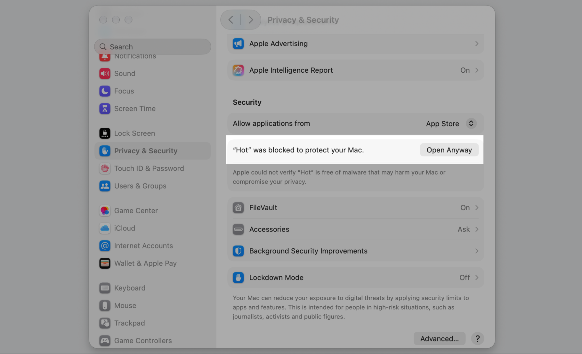 The Security section of Privacy & Security on macOS with Open Anyway clicked to launch a blocked app not opening on Mac.