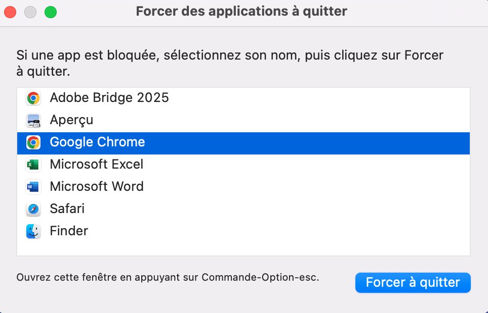 Sélectionnez l’application Google Chrome dans la liste d’applications qui s’affiche et cliquez sur Forcer à quitter en bas à droite.