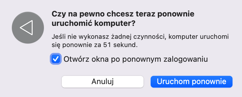 Okno ponownego potwierdzenia uruchomienia na Macu. Spróbuj ponownie uruchomić komputer, gdy dysk zewnętrzny nie jest wykrywany w macOS.