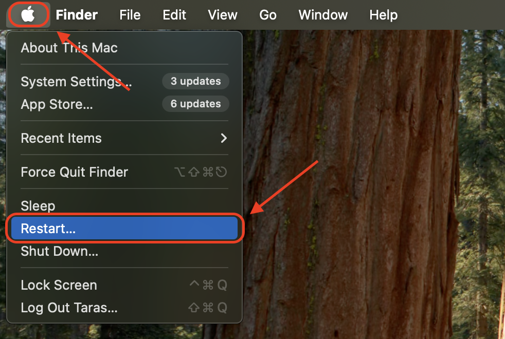 In the top-left corner of your Mac's main screen, click the Apple menu, and hit Restart to shut down the device and start it up afresh.