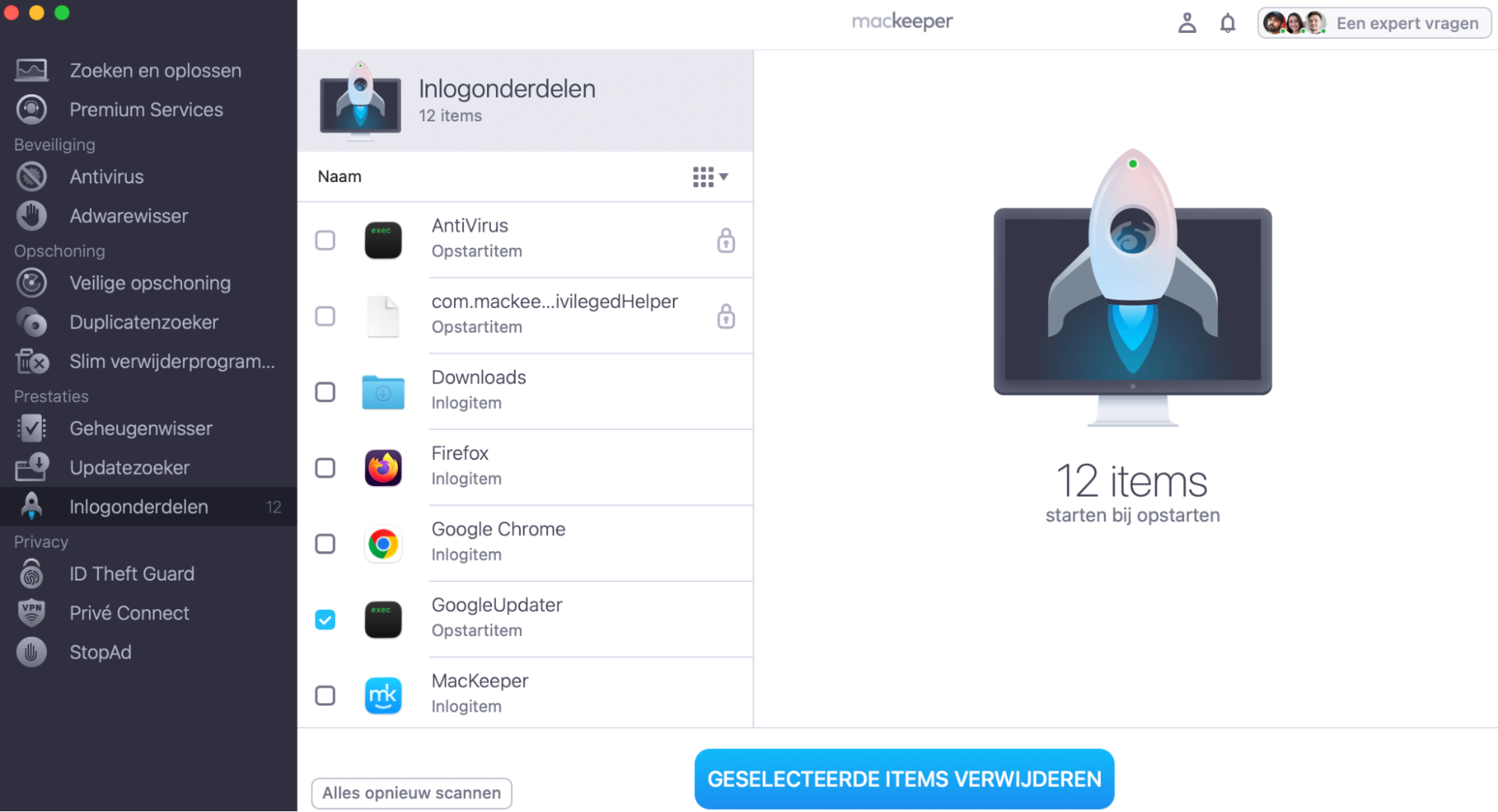 Laat MacKeeper je Mac scannen; na enkele seconden worden alle opstart- en inlogprocessen weergegeven zodat je ze kunt bekijken. Zie je items die je niet herkent of als kwaadaardig beschouwt, vink ze dan aan en klik op ‘Selectie verwijderen’.