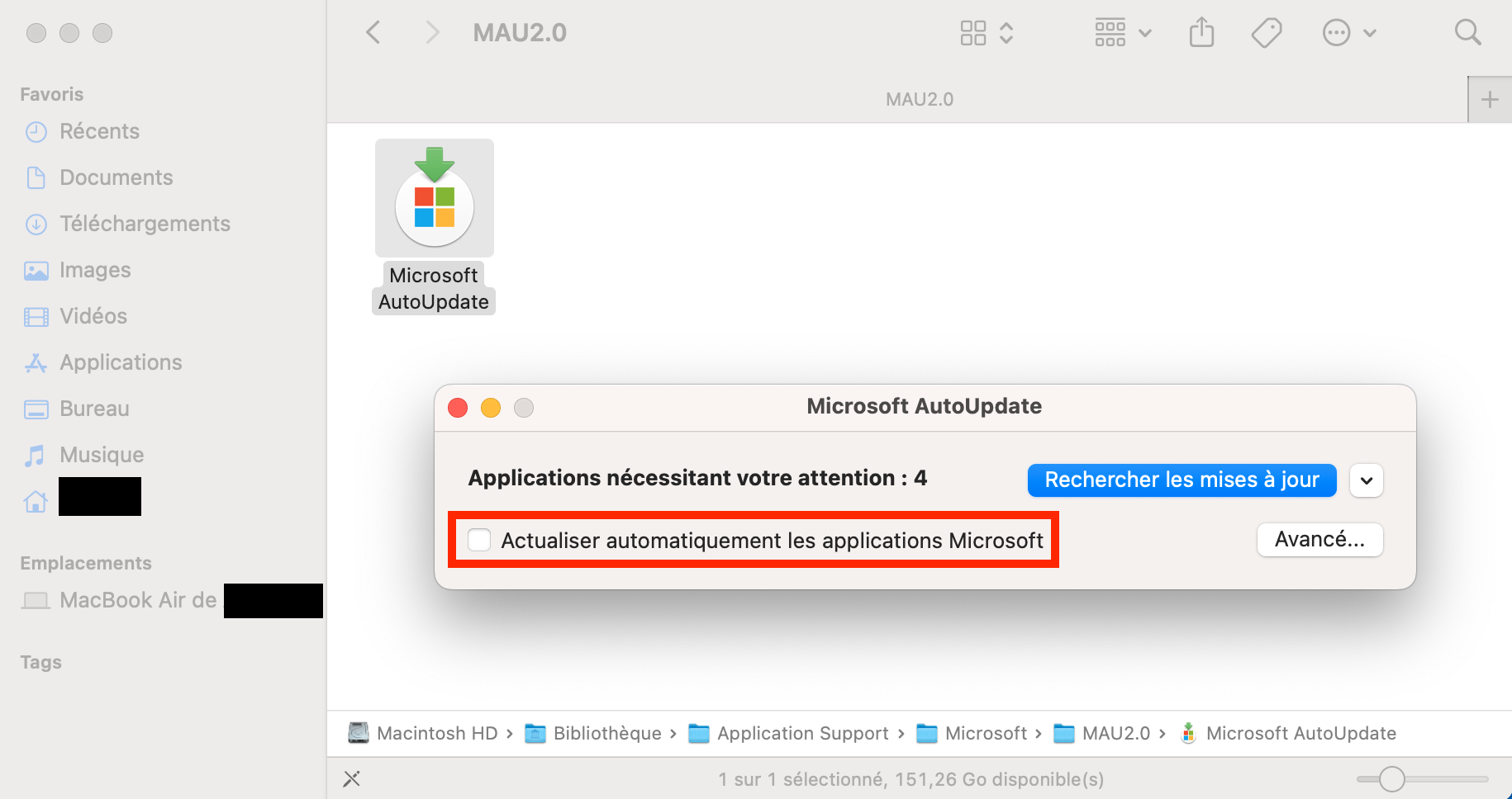 L’option Actualiser automatiquement les applications Microsoft est désélectionnée.