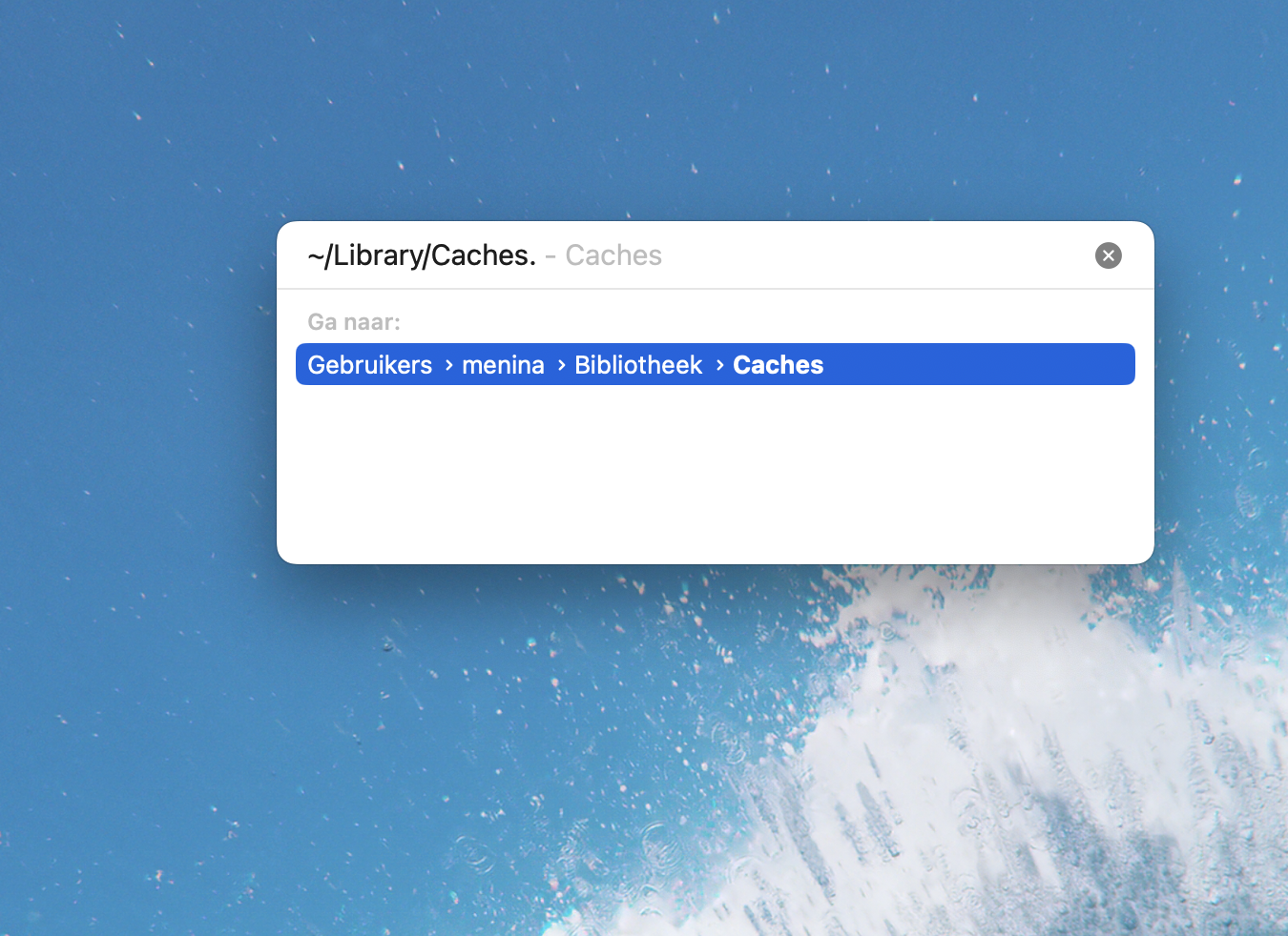 Open de map Caches door in het pop-upvenster het pad ~/Library/Caches in te voeren.