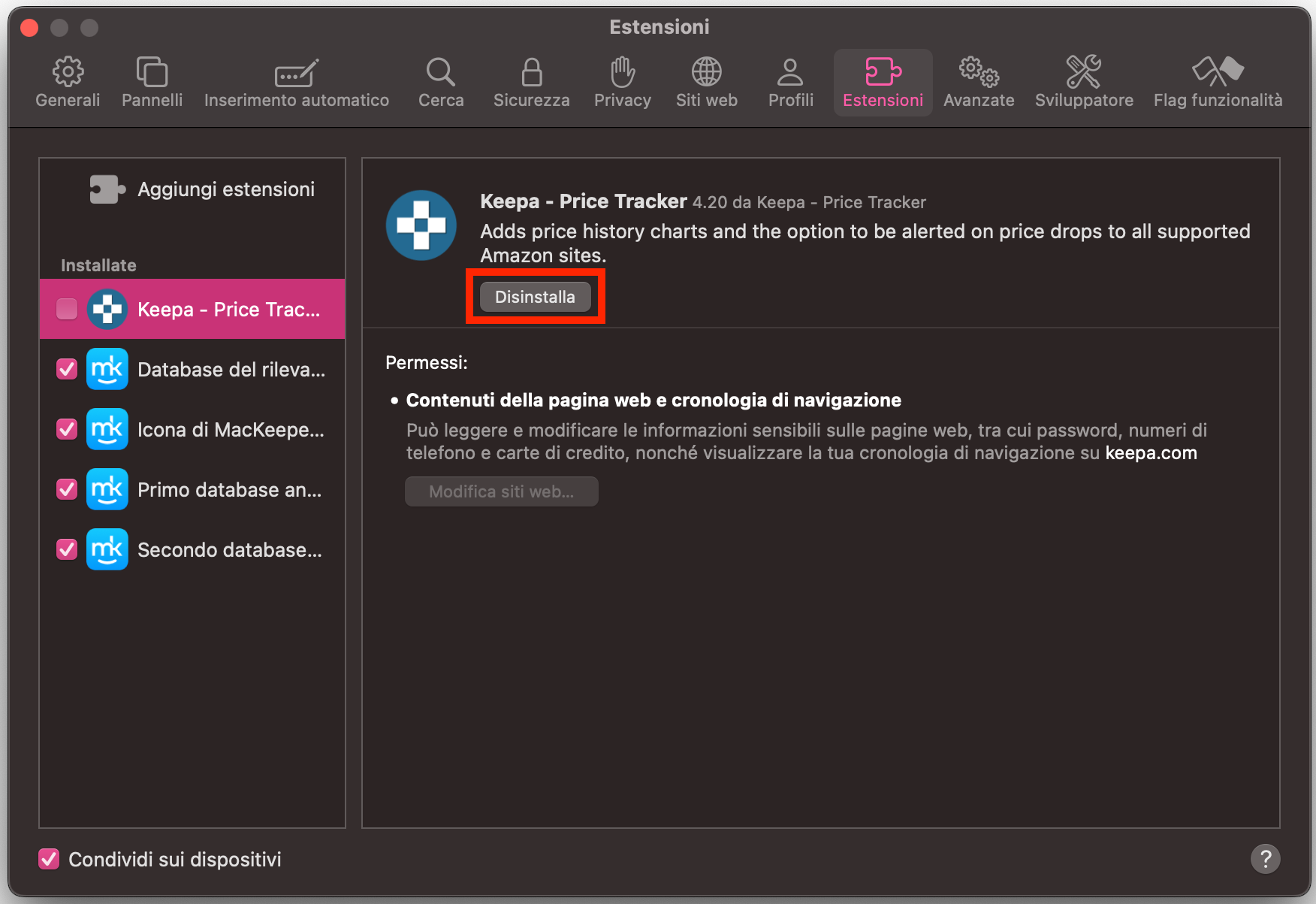 Il menu Preferenze di Safari su Mac mostra la scheda Estensioni. Seleziona l’estensione che vuoi rimuovere, poi fai clic sul pulsante Disinstalla.