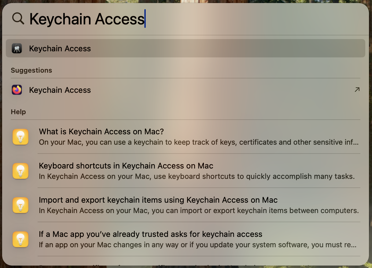 Search for Keychain Access using Spotlight, then open it to view, edit, or reset stored passwords, certificates, and secure system credentials on your Mac.