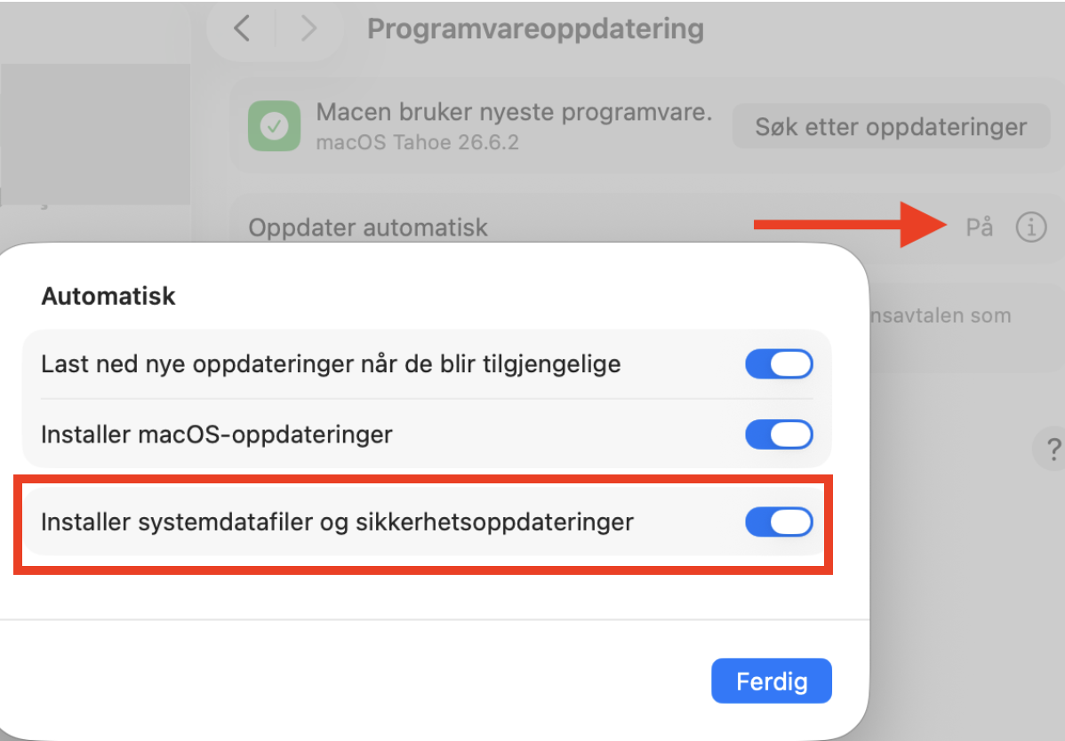 Sjekk nå at Macen din er stilt inn på å automatisk laste ned og installere oppdateringer. Dette sikrer at XProtect fungerer riktig og beskytter Macen din.
