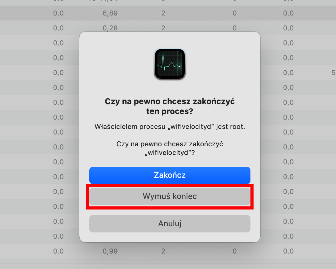 Okno potwierdzenia zamknięcia aktywnego procesu w Monitorze aktywności na Macu. Jeśli podczas sprawdzania malware na Macu znajdziesz podejrzany proces, wymuś jego zamknięcie przed usunięciem.
