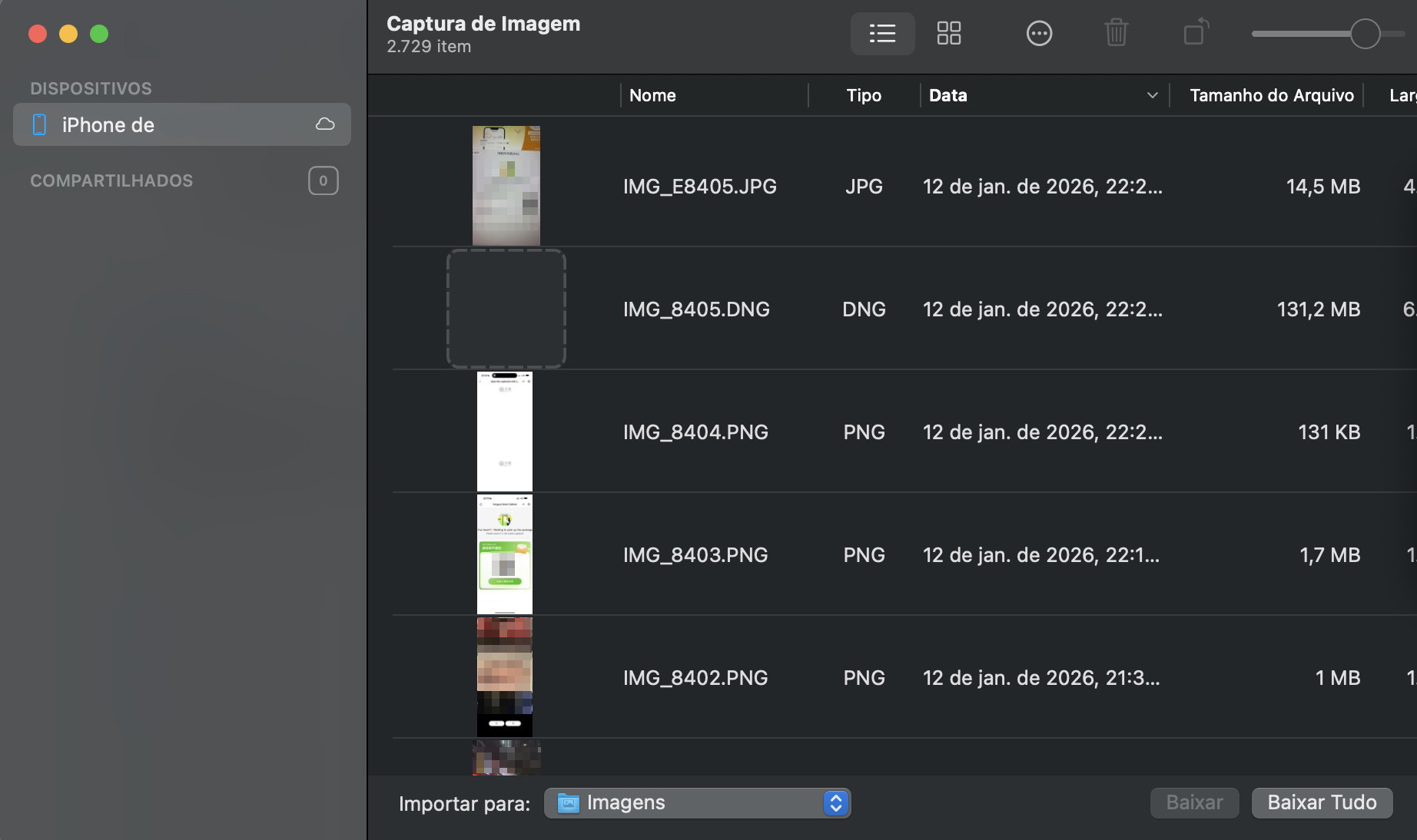 Use a Captura de Imagem para transferir fotos. Procure por Captura de Imagem no Spotlight. Em Dispositivos, localize e selecione o seu iPhone.