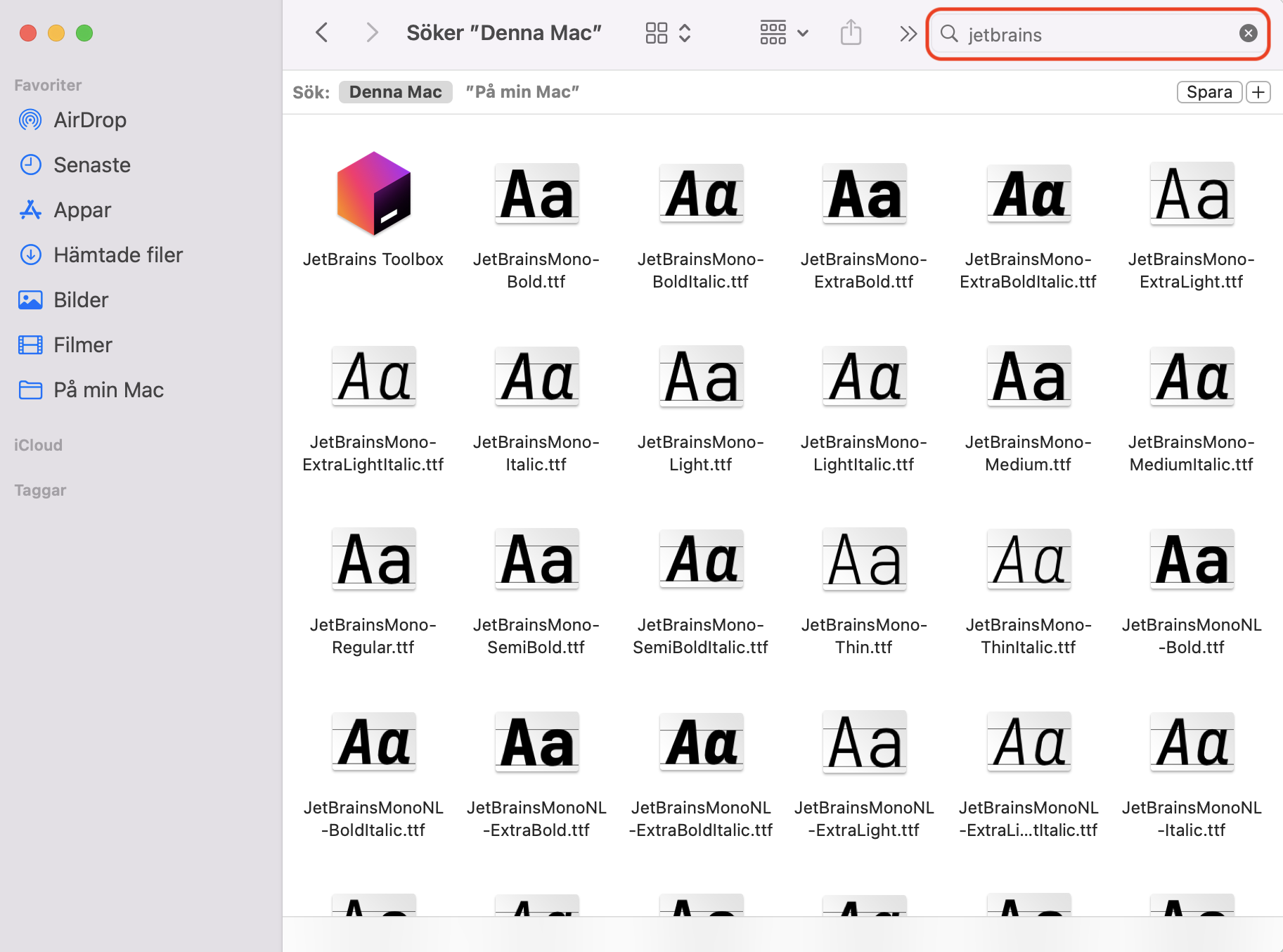 Finder visar en sökning efter en misstänkt process. När du vet hur du kontrollerar skadlig programvara på Mac kan du använda Finder för att hitta och radera tillhörande filer.