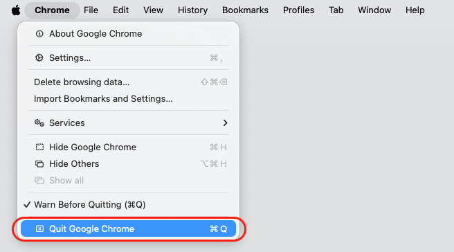 Google Chrome menu open on a Mac with Quit Google Chrome highlighted, the step to close background apps and ease sysmond load.