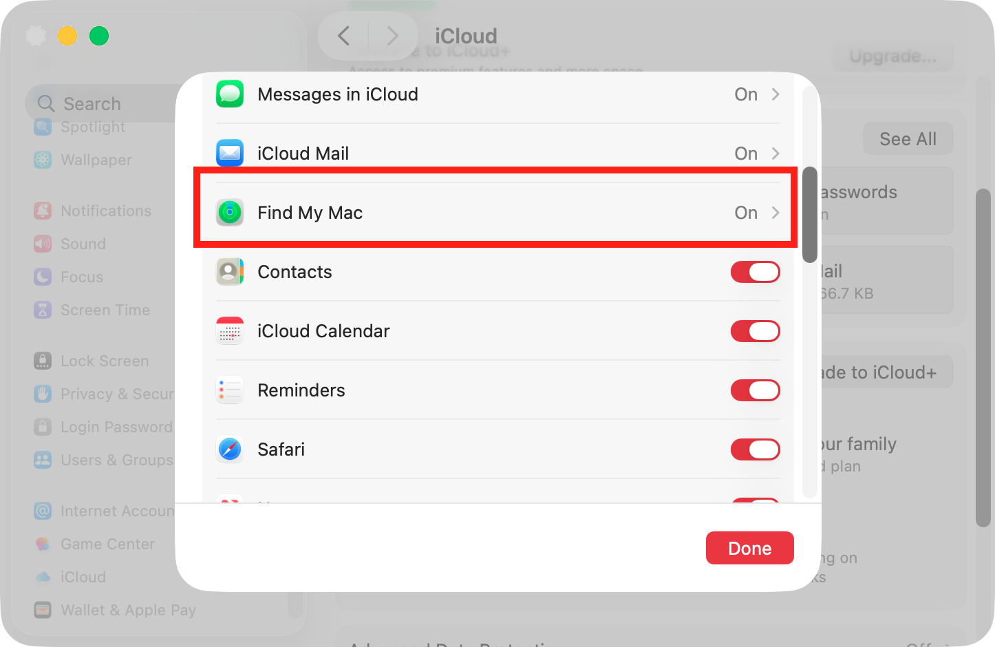 In this list, you should see an entry for 'Find My Mac', and it will normally say 'On'. Click this to open up your Find My Mac settings.