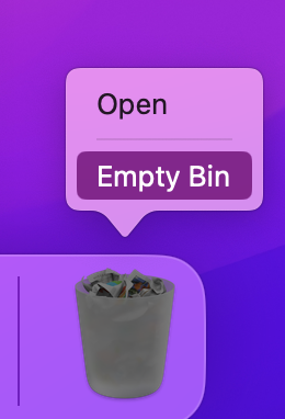 After moving temporary and cache files to your Bin, go to your Dock and right-click on your Trash Bin icon. Press the option Empty Bin to remove all traces of unnecessary Word or Office files.