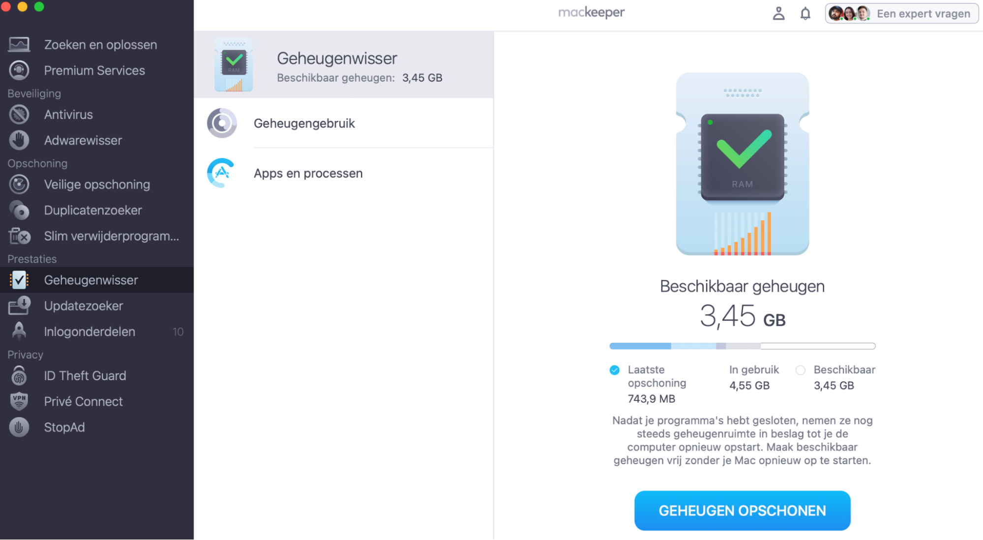 Maak RAM vrij op je Mac door in MacKeeper naar Prestaties > Geheugenwisser te gaan. Van hieruit kun je eenvoudig apps en processen sluiten die veel systeembronnen gebruiken.