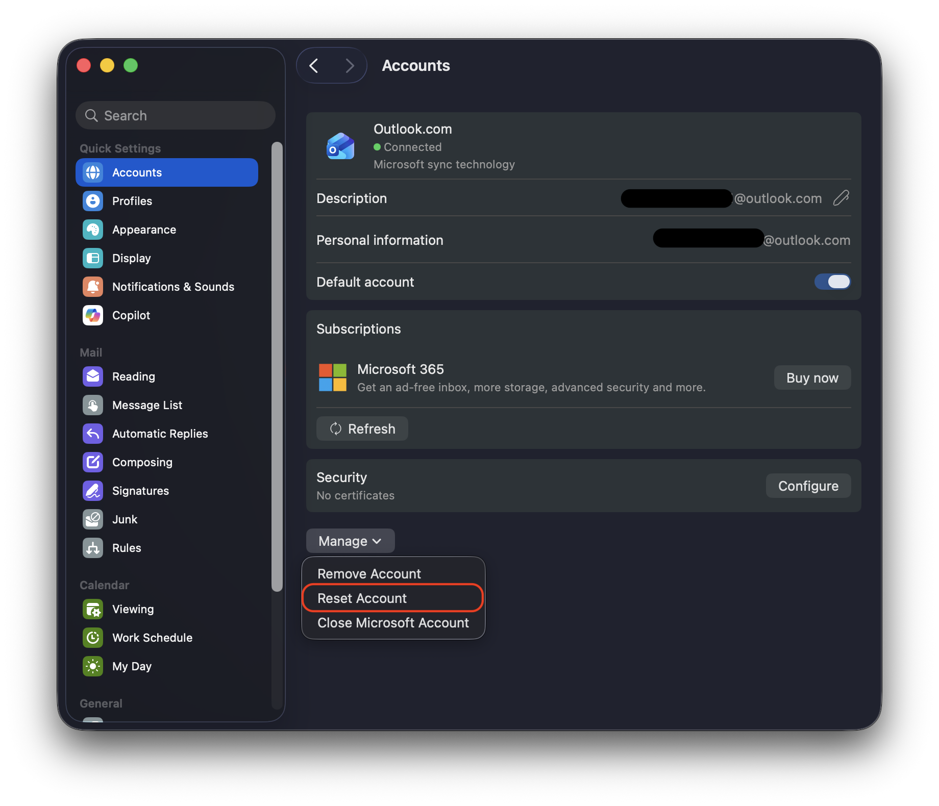 Reset your Outlook account to fix the high CPU usage problem. To do this, Select Reset Account. This clears temporary data files.