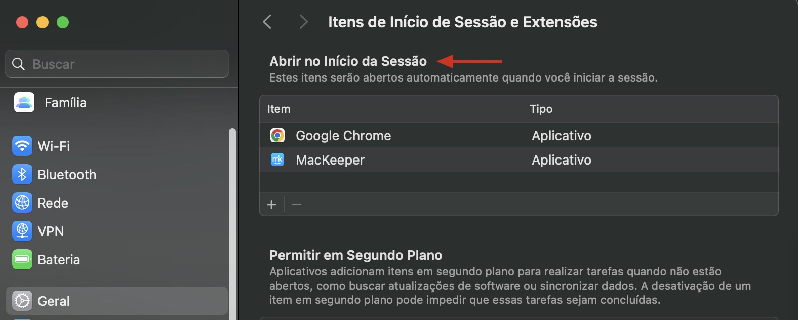 O menu Itens de Início de Sessão nos Ajustes do Sistema no Mac. Além de mostrar a lista de aplicativos que iniciam com o sistema, essa tela permite que você remova qualquer aplicativo de inicialização no Mac.