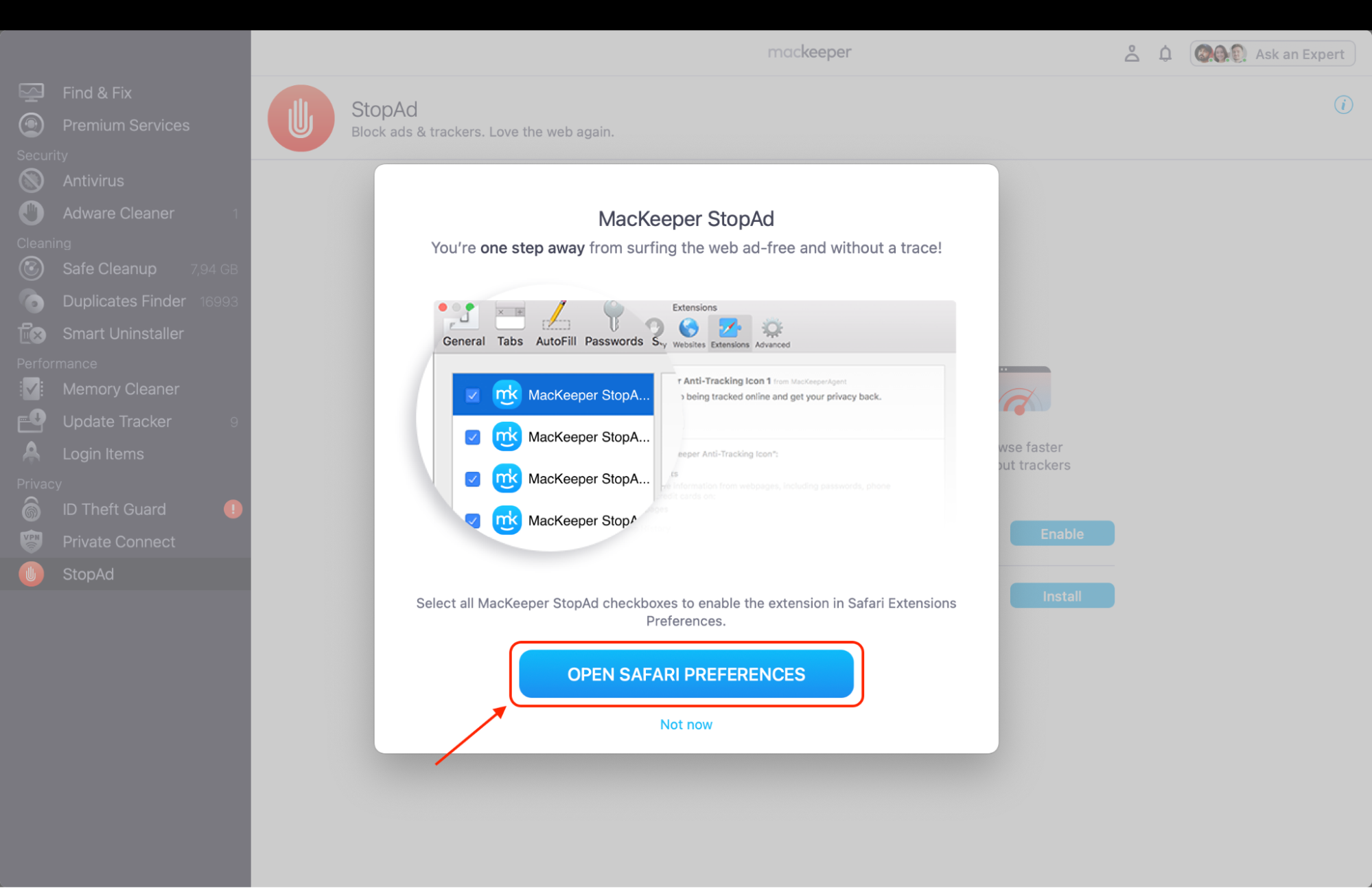 Click Open Safari Preferences to access and adjust settings for the StopAd extension in Safari.