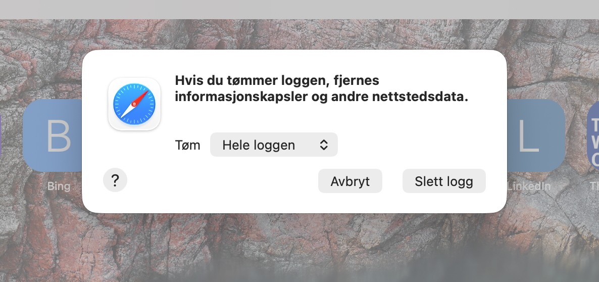 Nå må du bekrefte hvor mye av Safari-historikken du vil tømme. I rullegardinmenyen 'Tøm' velger du 'Hele loggen', og klikker på 'Slett logg'.