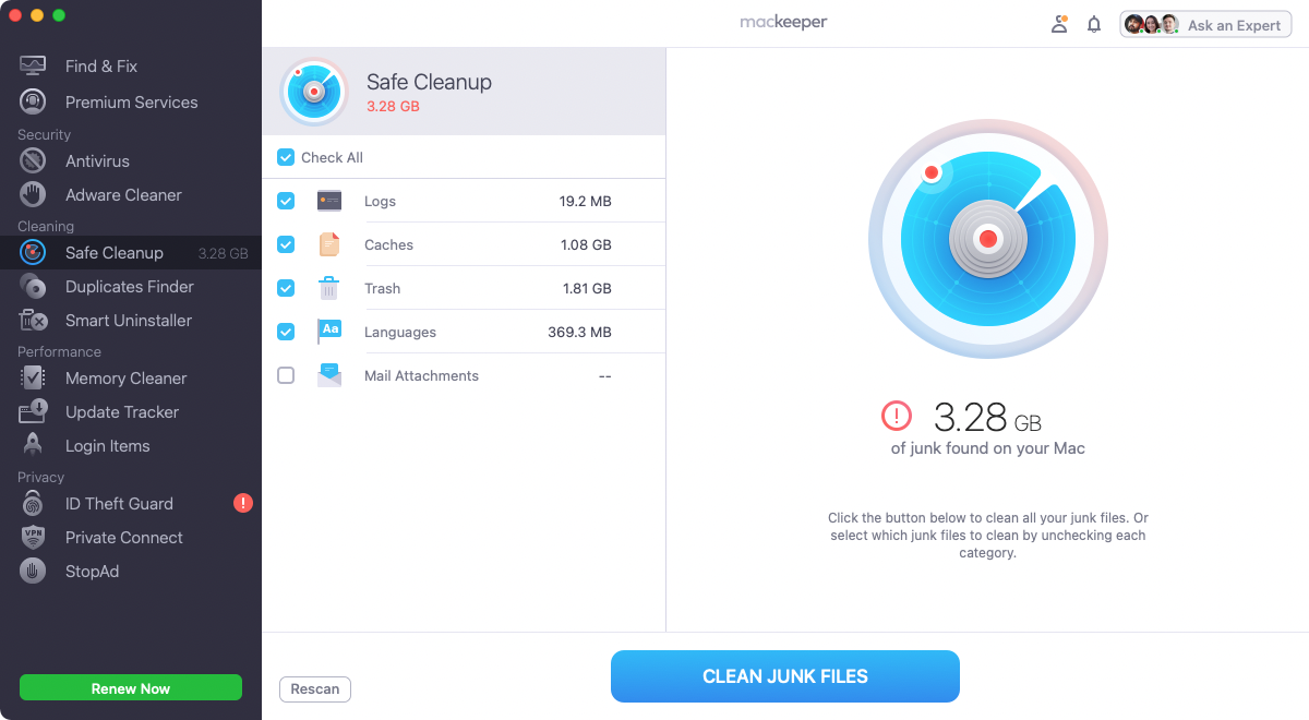 The Safe Cleanup feature is opened and lauched in MacKeeper for you to get acquainted with the central cleaning tool in the app. You see the result of scanning and the amount of junk files found on the Mac and recommended for deletion. The Safe Cleanup feature is opened and lauched in MacKeeper for you to get acquainted with the central cleaning tool in the app. You see the result of scanning and the amount of junk files found on the Mac and recommended for deletion.