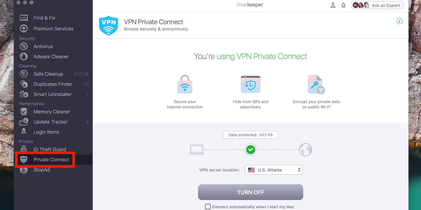 VPN Private Connect is enabled in MacKeeper. The button is grayed out, indicating the VPN is on, and the user is connected to a server in Atlanta, USA.