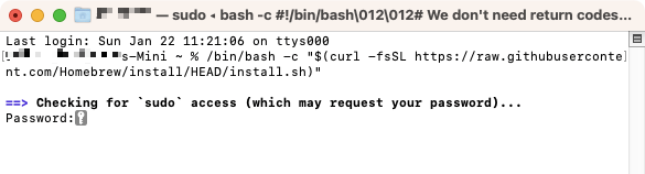 Enter your admin password to install Honebrew on your Mac.