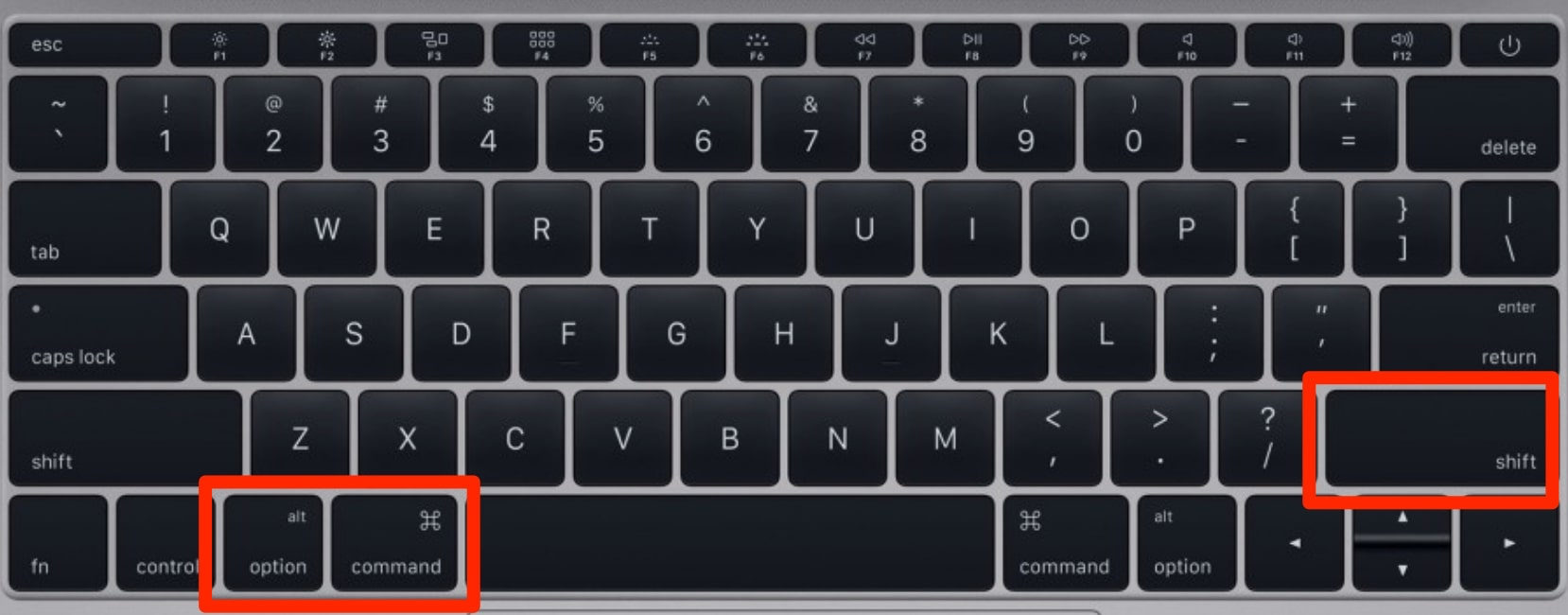 A Mac keyboard with the Option, Command, and Shift keys highlighted. Hold these down when opening Photoshop to reset Photoshop preferences. A Mac keyboard with the Option, Command, and Shift keys highlighted. Hold these down when opening Photoshop to reset Photoshop preferences.