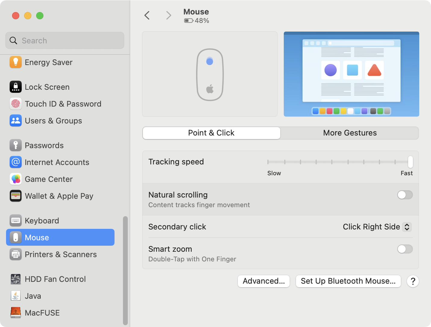 If you're using an Apple mouse, you may find that right-click isn't working as expected. In that case, go to your mouse settings in System Settings.