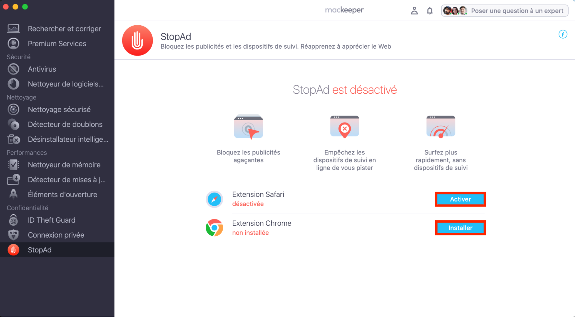 L’écran StopAd de MacKeeper, avec les options Activer et Installer mises en surbrillance à côté de Chrome et Safari. Utiliser des bloqueurs de publicités : guide pour bloquer les fausses alertes McAfee sur Mac.