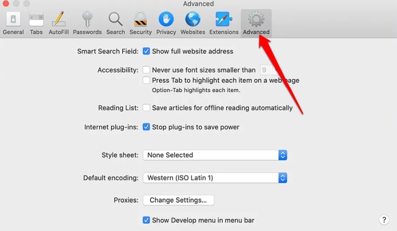 safari preferences advanced tab