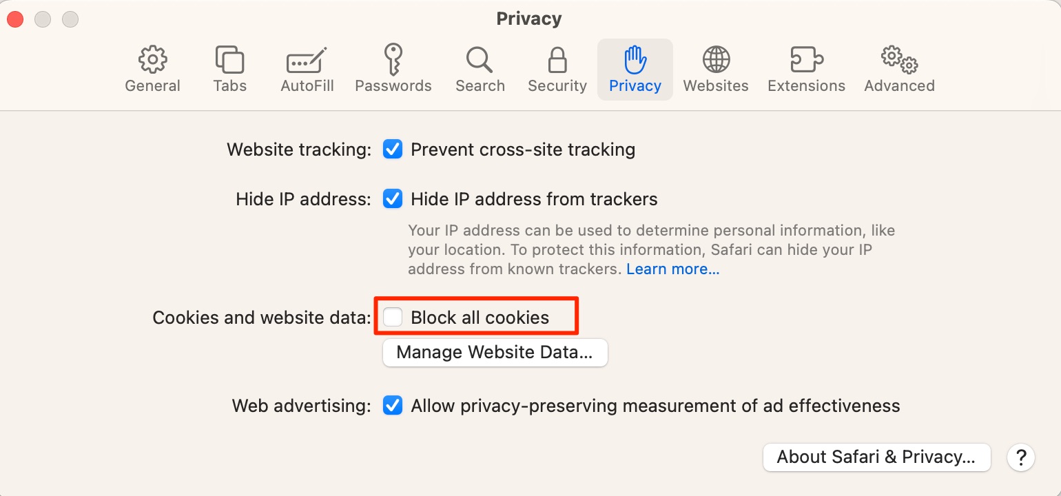 how to block all mac cookies