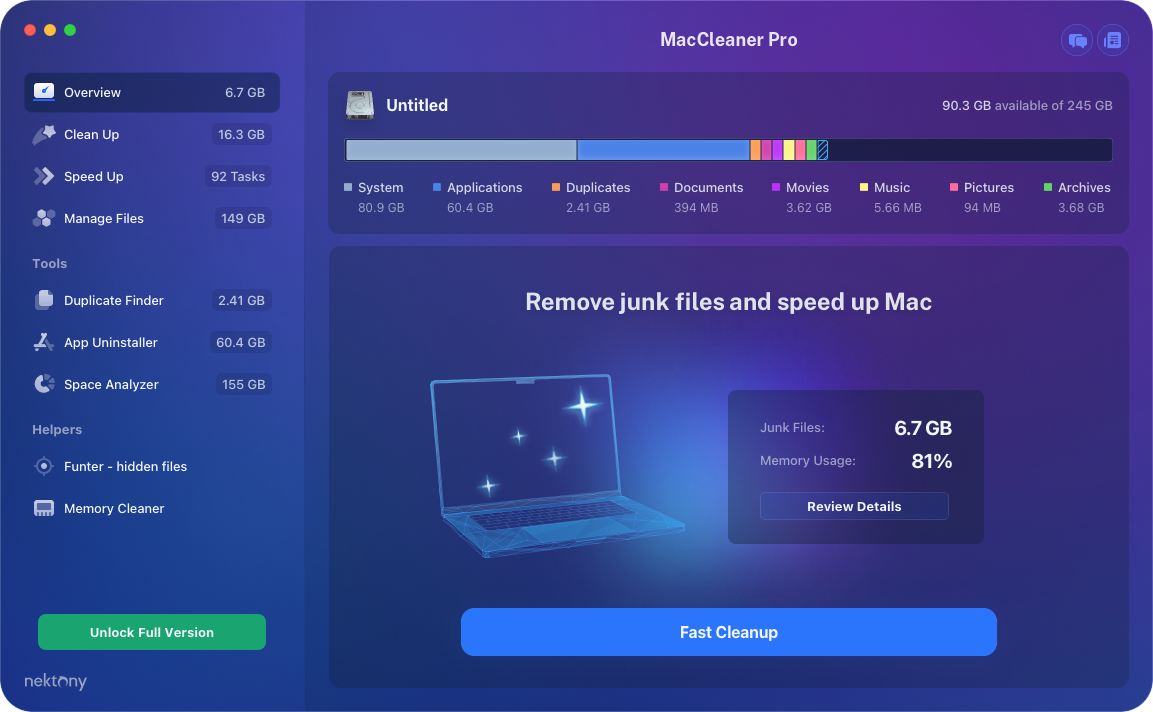 The Overview screen in MacCleaner Pro shows you disk space usage, amount of junk files, memory usage, and a button for a Fast Cleanup. The Overview screen in MacCleaner Pro shows you disk space usage, amount of junk files, memory usage, and a button for a Fast Cleanup.
