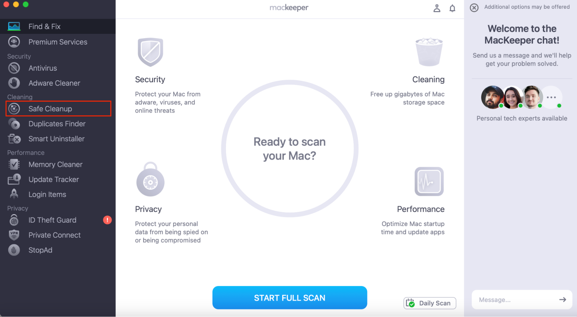 MacKeeper's Find & Fix homepage, with Safe Cleanup highlighted in the sidebar. How to clear cache on Mac Sonoma automatically, using MacKeeper's Safe Cleanup.