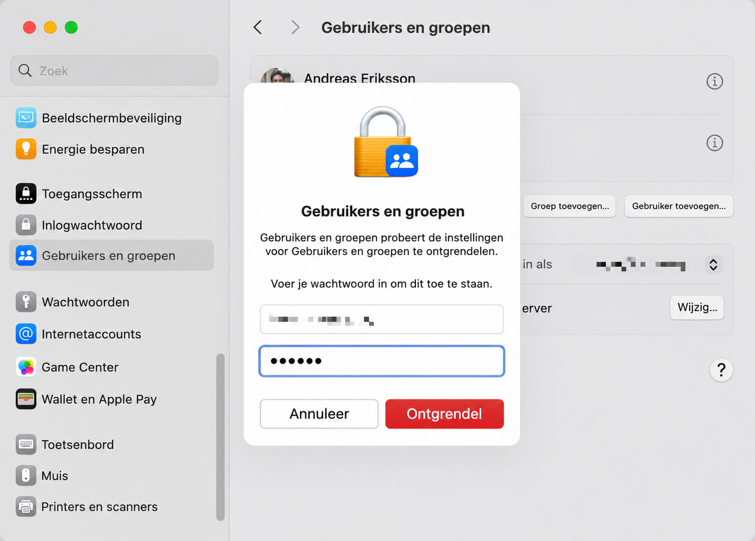 U wordt gevraagd het wachtwoord van uw Mac in te voeren. Voer dit in het vak in en druk op Return of klik op de knop 'Ontgrendelen'.